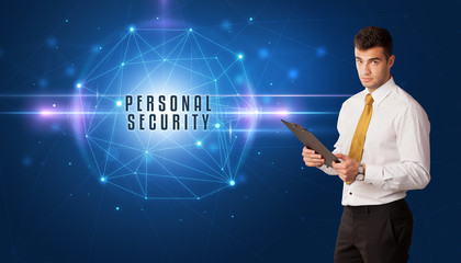 Businessman thinking about security solutions with PERSONAL SECURITY inscription