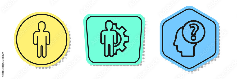 Poster set line user of man in business suit, human with gear inside and human head with question mark. col