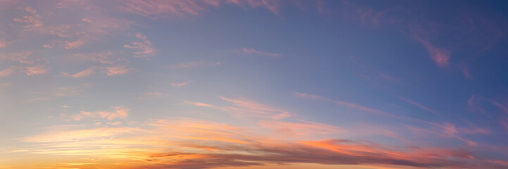 Panorama of Dramatic vibrant color with beautiful cloud of sunrise and sunset. Panoramic image.