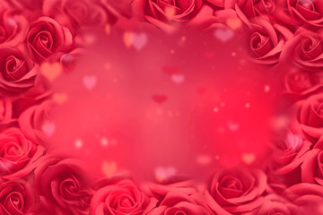Valentines Day Backdrop- Red Roses And Blured Hearts On Abstract Romantic Background. Valentines Day Concept.