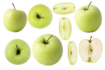 Set of green apples whole and sliced Isolated