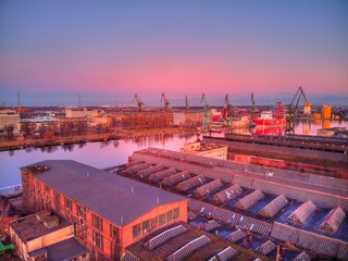 port gdansk cranes at evening