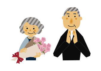 贈り物をする男女のイラスト。 プレゼントを持つシニアのイラスト。