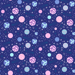 Saturn and moon seamless pattern. with stars in night sky. Trendy stylish textiles. Repeating tile, artwork for wallpapers, wrapping paper, fabrics. Isolated vector illustration.