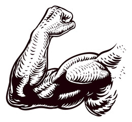 An illustration of a strong arm showing muscle in a vintage retro woodcut style