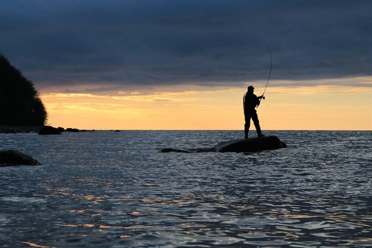 silhouette of man on a rock casting the spinning rod by the Baltic Sea, coastal fishing, sea trout  