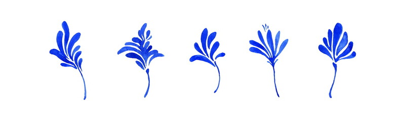 Set of blue watercolor simple decorative leaves, botanical collection. Hand drawn cute small flowers isolated on white background. Aquarelle art design elements
