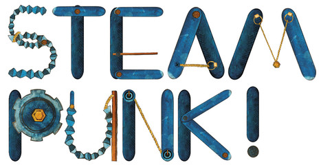 Obraz premium set of letters isolated on white background. Steampunk metal and wooden elements. Hand painted watercolor 