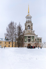 View of the old monastery. Frosty and snowy weather. Borisoglebsky monastery, Torzhok, Tver region, Russia.