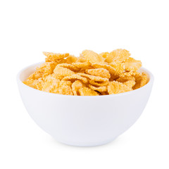 Corn flakes on a white bowl isolated on white background