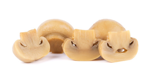 group of tasty Pickled marinated mushrooms champignon isolated on white background