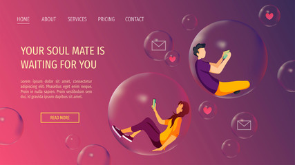 Web page design for Social network, Love and relationships, communication, Valentine's Day. Man and woman in bubbles chatting with each other. Vector illustration for banner, poster, card, website.