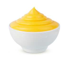 One Bowl with tasty cheese sauce on white background