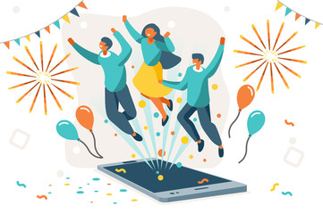 Company contract greeting, successful agreement idea. Friendship to success, friend congratulation. Joy to flying joyful on the air to celebrate an achievement. Young celebration leader. Flat vector. - 313453225