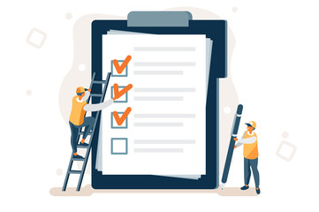 Tick business questionnaire on clipboard. Marks to search a solution or inspiration. New report scheduling, document filling with a pen. Ideas on a list, creative check as human creativity concept