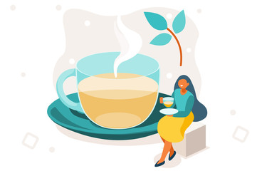 The tasty and healthy aroma of a morning beverage. Green ingredient as a leaf in a hot organic delicious drink to taste the natural lifestyle concept. Cartoon flat vector illustration.