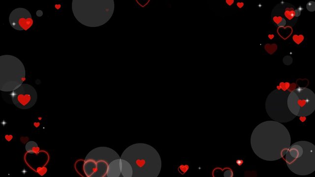 Valentine's day animated frame of hearts for overlay on video. Greeting love frame of hearts. Festive border decoration of bokeh, sparkles, hearts for valentine's day. Alpha channel, seamless loop