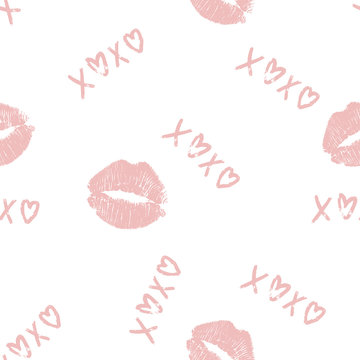 Valentine Day Heart and watercolor lettering xoxo and kiss marks in pink over light background. Vector minimalistic illustration