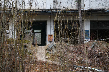 Abandoned ghost town Prypiat. Overgrown trees and collapsing buildings in Chornobyl exclusion zone....
