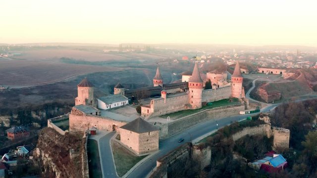 Aerial view of Kamianets Podilskyi fort in sunlight
