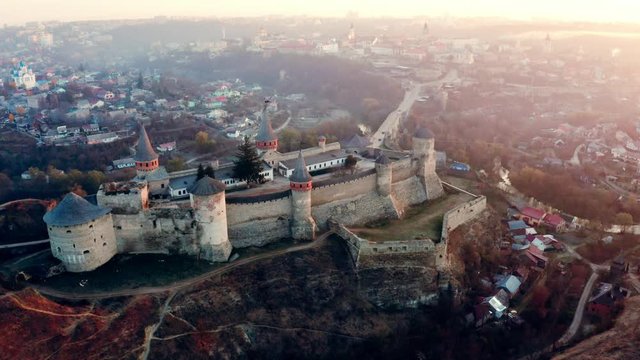 Aerial view of Kamianets Podilskyi fort in sunlight