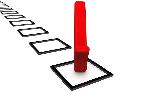 Checklist with red check mark. The red mark rotates in a black square against the background of unfilled squares lined up in a row. Footage video