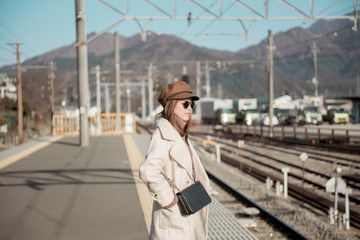 Fototapeta premium woman tourist in railway of Japan