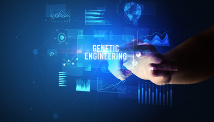 Hand touching GENETIC ENGINEERING inscription, new business technology concept