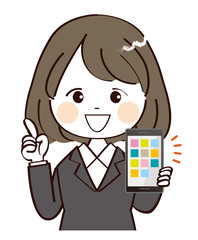 女性、スマホ、スーツ、説明