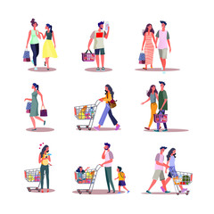 Set of people doing shopping