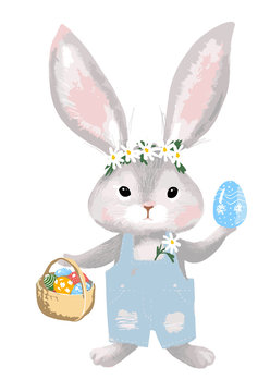 Easter Bunny with a basket and eggs. Vector illustration isolated on a white background. Rabbit in denim overalls. Holiday card.