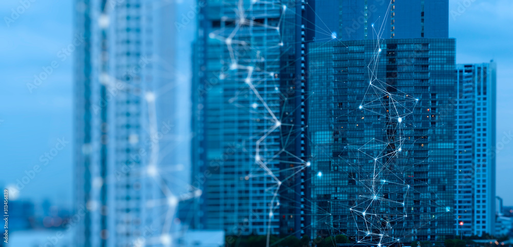 Poster Wireless network and Connection technology concept with Abstract buildings and city background
