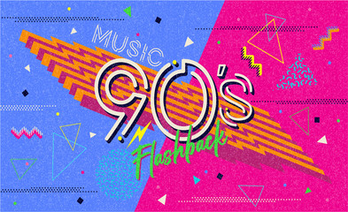 90s poster. Nineties flashback. Retro music style textures and objects mix. Aesthetic fashion background and old fashion graphic. Vintage vector 90's invintation card, banner. Easy editable template. 