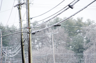 Icicle on power line in the frozen rain