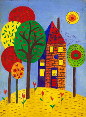 Fantasy house and trees. Gouache technique. Hand drawn colorful illustration. Doodle abstract art. Bright colors. Cute cartoon world. Magic Fairy tale.