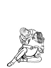 Hug  day. Blogging The guy hugs and looks in the face of his pregnant wife, the woman hugs her big belly with her hands and smiles at her husband. Black-white raster illustration. Outline drawing, co