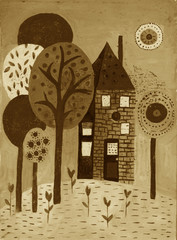 Fantasy house and trees. Gouache technique. Hand drawn illustration. Doodle abstract art. Brown colors. Cute cartoon world. Magic Fairy tale.