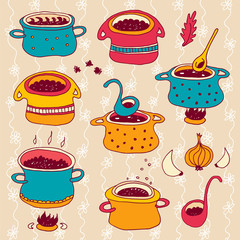 Cooking pots vector set isolated on beige floral background, kitchen cookware hand drawn set with spoons, spices