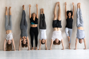 Happy diverse people doing handstand, fitness center staff portrait