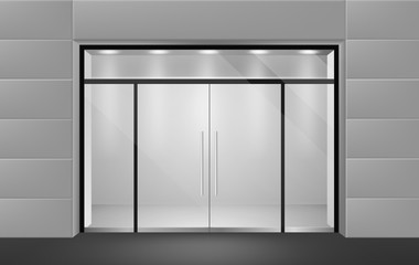 Store front. View from outside to empty shop boutique interior with glass door and big windows. Supermarket vector mockup