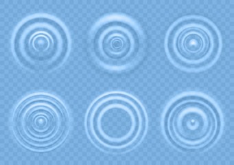 Fototapeta na wymiar Ripple on blue water. Circular waves of liquid product top view, splash from falling drops, round radial ripples on sea surface vector texture