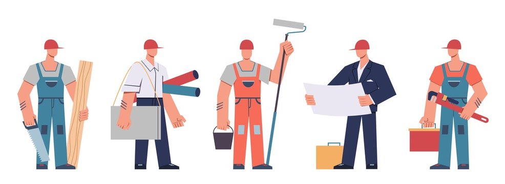 Builders team. Construction engineers, contractors and architects, technicians and professional builders with tools, cartoon vector concept