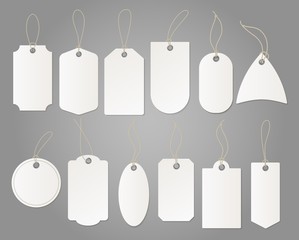 Craft tags. Hanging shop white label from paper different shapes with rope for shop isolated vector template set