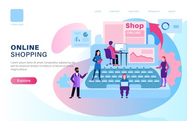 Online shop page. Store media modern design with shopping man and woman for web site of e-commerce vector concept
