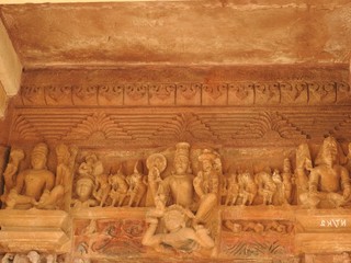 Erotic sculptures and sex poses of man in kajuraho temples, Madhya Pradesh, India. Built around...