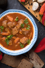 Beef goulash served in bowl