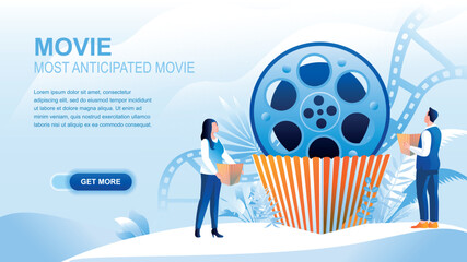 Movie flat landing page with header, banner vector template. Most anticipated movie, cinematography, film watching website layout. Viewers, moviegoers cartoon characters with popcorn - obrazy, fototapety, plakaty