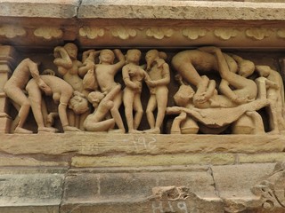 Fototapeta na wymiar The frescoes are erotic inside the temples of the Western group including Visvanatha-Khajuraho, Madhya Pradesh, India, UNESCO heritage