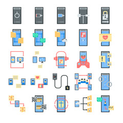 Smart phone utilization and application color flat icon vector set.