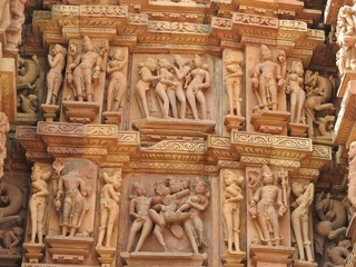 The frescoes are erotic inside the temples of the Western group including Visvanatha-Khajuraho, Madhya Pradesh, India, UNESCO heritage